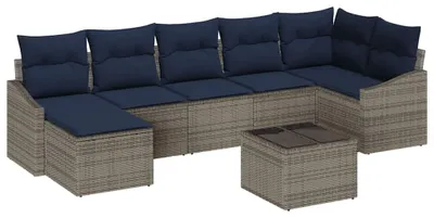 Image de Ensemble de canapés de jardin vidaXL avec coussins, gris et bleu marine, en polyrotin