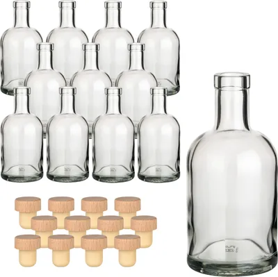 Produktbild von gouveo 12er Set Glasflaschen 500 ml Klassik mit Holzgriff-Korken - Leere Flasche 0,5 l aus Glas zum Befüllen - Glasflasche für Likör, Gin, Öl, Essig