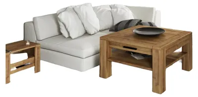 Produktbild von Couchtisch Lubic aus Wildeiche massiv 90x90x53 cm mit 1 Schublade und Holzbeinen
