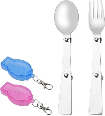 Produktbild von Unyqoos® Faltbares Edelstahl-Besteckset (1 Gabel + 1 Löffel) aus 304 Edelstahl, 16 cm – Kunststoff-Aufbewahrungsbox 7,5×4 cm, Camping & Reisen