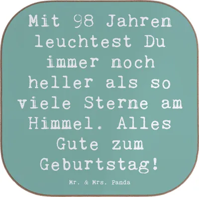 Produktbild von Mr. & Mrs. Panda Untersetzer für Gläser Spruch 98. Geburtstag Leuchten - Meeresbrise - Geschenk, Geburtstagsgeschenk, Ehrentag 98 Jahre, bieruntersetzer, Glas, Lächeln