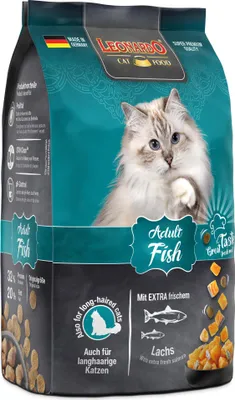 A bag of Leonardo Adult Fish cat food.