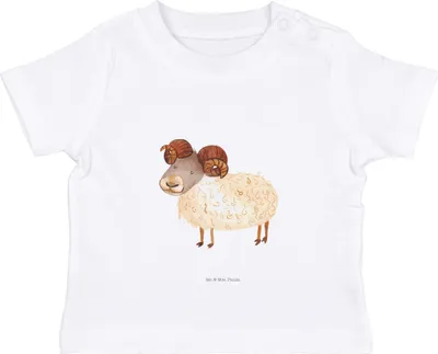 Produktbild von Mr. & Mrs. Panda  T-Shirt Sternzeichen Widder 12. - 18. Monat - Weiß - Geschenk, Geburtstag März, Babyshirt, April, Baby Shirt, Kurzarmshirt, Schafbock, Bock