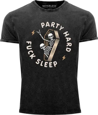 Produktbild von Neverless® Herren T-Shirt Vintage Shirt Printshirt Spruch Motiv Party Hard Fuck Sleep Print Skelett Skeleton Sarg Aufdruck Used Look Slim Fit schwarz S