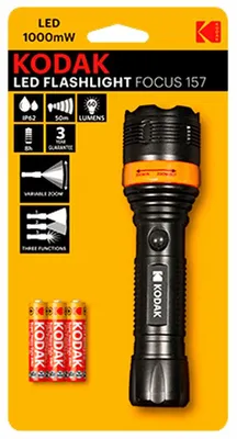Zdjęcie produktu dla Latarka Turystyczna LED KODAK FOCUS 157 60lm IP62 ZOOM + 3 Baterie