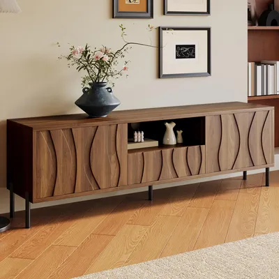 Image de OKWISH Meuble TV Moderne avec 3 Portes et Rangement Bas en MDF - 160x35x46 cm - Naturel