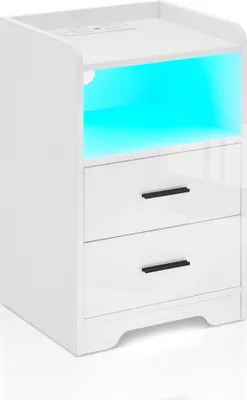 Image de Table de nuit CLIPOP avec station de recharge, Table de nuit LED moderne, pour chambre à coucher, blanc