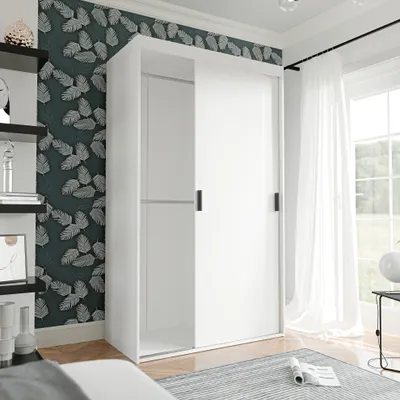 Image de Armoire à deux portes coulissantes PEDRI 120 cm avec étagères et tringles Armoire penderie blanc / blanc mat Poignées noires avec tiroirs