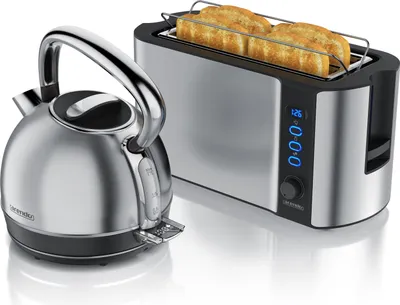 Produktbild von Arendo Frühstücks-Set Edelstahl, Wasserkocher mit Temperatureinstellung 1,7l, 4 Scheiben Langschlitztoaster, 4 Scheiben Toaster, Brötchenaufsatz, Vintage, silber