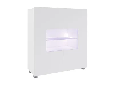A white, modern cabinet with a lit display niche.