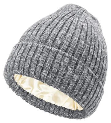 Obrázek produktu pro Pletená čepice s podšívkou ze saténu, vhodná pro dámy i pány, zimní čepice typu "beanie", šedá barva, univerzální velikost