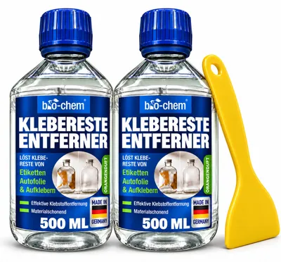 Produktbild von bio-chem Klebstoffentferner EXTRA STARK Set 2 x 500 ml mit Schaber – Klebereste Entferner & Etikettenlöser für Aufkleber, Fenster, Glas, Holz & Auto
