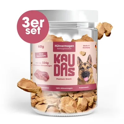 Produktbild von KAUDAS Hundesnack HühnermagenPur -3× 60g gefriergetrocknetes Huhn - 324g Rohgewicht