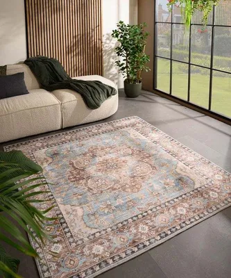 Image de Tapis d'extérieur vintage Unyqoos® Valenca Fino, forme carrée, bleu clair, 230 x 230 cm, tissu 3D, lavable, pour intérieur et extérieur