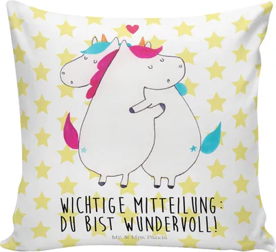 Produktbild von Mr. & Mrs. Panda Deko Kissen Einhorn Mitteilung - Weiß - Geschenk, Valentinstag, Unicorn, Einhörner, Zierkissen, 40x40, Liebe, Spruch, Sofa, Witzig, Couchkissen, zier