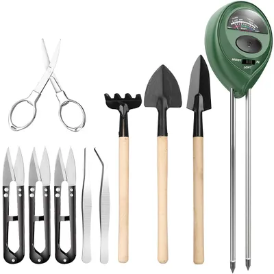 A collection of gardening tools and a soil moisture meter are displayed against a white background.