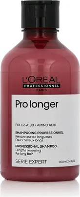 A front view of a red L'Oréal Professionnel shampoo bottle with a black pump dispenser.