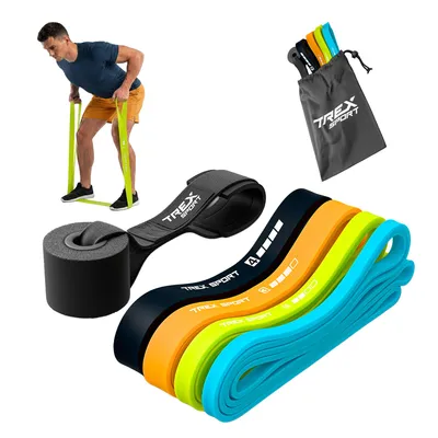 Produktbild von TREX SPORT Gymnastikband 4 Stück Set TX-004PBV Widerstandsband | Klimmzugband, Fitnessband 100% Latex, 2-41 kg, mit Türanker | Resistance Band Neon