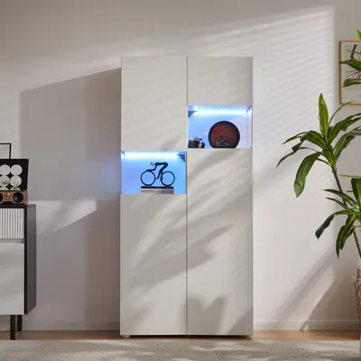 Produktbild von Merax Vitrinenschrank mit LED-Beleuchtung & Acryl-Seiten, Hochschrank mit Stauraum und Kippsicherung 80x38x170 cm, Weiß, 2 Montageoptionen