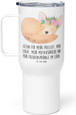 Produktbild von Mr. & Mrs. Panda Thermobecher Wüstenfuchs Blumen - Weiß - Geschenk, Thermos-Becher, Afrika, Blumenkranz, Glücklich, Teetasse, thermosbecher, Kaffee-to-go-Becher, Wüste