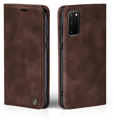 A brown flip cover phone case for a Samsung Galaxy S20 is shown from two angles.