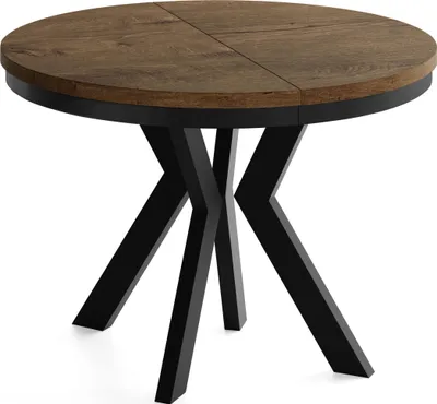 Produktbild von Runder Esstisch Ausziehbar 100-200 cm XXL Groß – Verlängerbar, für 5-10 Personen mit Schwarzen Holzbeinen & Metallring – Tisch für Wohnzimmer & Esszimmer in Eiche Braun Rustikal