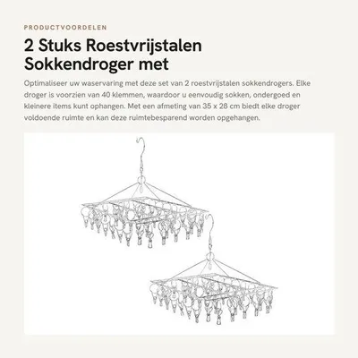 Productafbeelding van Sokkendroger set van 2 - Roestvrij Stalen - 35 x 28 cm - Hangend - 40 Klemmen - Ideaal voor Camping/Balkon - Wasrek