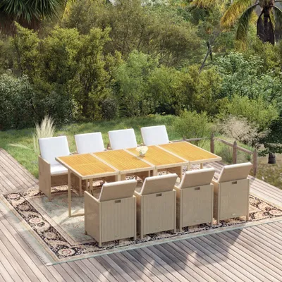 Image de The Living Store Salon de jardin 9 pièces avec coussins Poly Rattan Beige