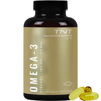 Produktbild von TNT Omega-3 Fischöl in natürlicher Triglycerid-Form. 150 Kapseln ohne Geschmack