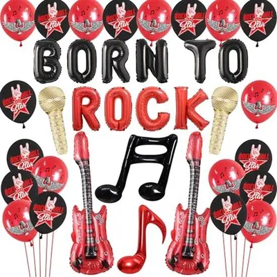 Zdjęcie produktu dla Ultiluxe Rock 'n Roll Zestaw Dekoracji - Balony gitarowe - Balony foliowe - Dekoracje na imprezy - Na przyjęcia i urodziny - Rozmiar L - Czarno-czerwo