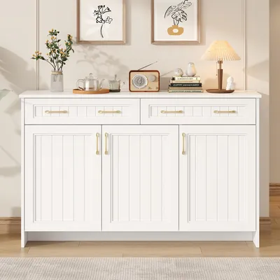 Produktbild von Merax Sideboard Kommode mit 2 Schubladen und 3 Türen, Wohnzimmerschrank mit verstellbaren Einlegeböden und goldenen Griffen, Weiß