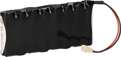 A battery pack with wires and a connector, isolated on a white background.