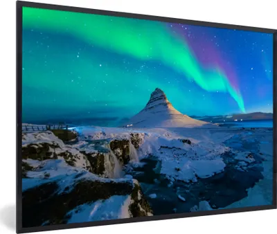 Produktbild von MuchoWow® MuchoWow® Gerahmtes Poster Nordlichter - Berge - Island 60x40 cm - Poster mit zchwarzem Bilderrahmen - Printing - Wanddeko Schlafzimmer