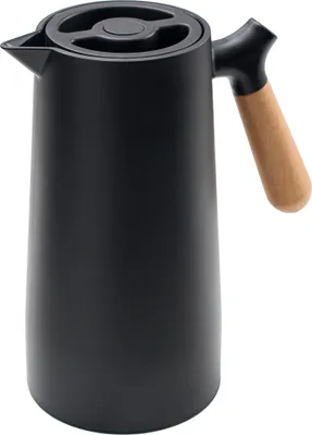 Produktbild von Thermos 1 L Isolierkanne Thermoskanne Glaskolbe Schwarz Holzgriff 1-Click Öffnung