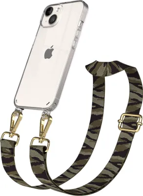 Produktbild von EAZY CASE Handykette - Verstellbarer Trageriemen kompatibel mit Apple iPhone 14, Handykordel mit transparenter Silikon-Hülle, Karabiner Gold, Camouflage Style, Band in Grün