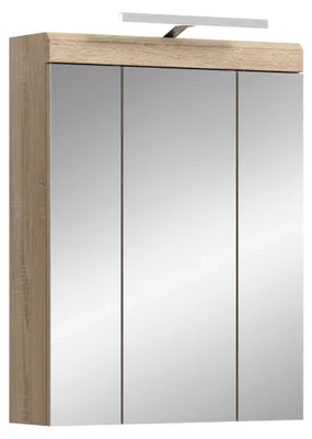 Produktbild von Lambada Spiegelschrank Bad Inkl. Beleuchtung 2 Türen, 3 Spiegeltüren, 3 Regale Weiß hochglanz, Eiche Nachbildung.