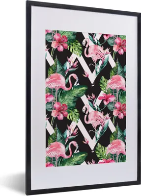 Produktbild von MuchoWow® MuchoWow® Gerahmtes Poster Muster - Blumen - Flamingo 40x60 cm - Poster mit zchwarzem Bilderrahmen - Poster in Rahmen