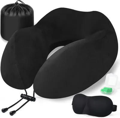 Obrázok produktu pre Cestovný vankúš memory foam, spánková maska, štuple do uší, taška, pre lietadlo, čierna