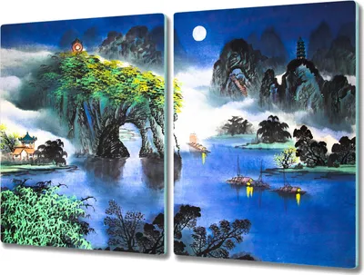 Produktbild von Coloray Küchenbrett Kochplattenabdeckung Hackbrett Schneidebrett Herdabdeckplatte 2x40x52 cm - Boote im chinesischen Stil