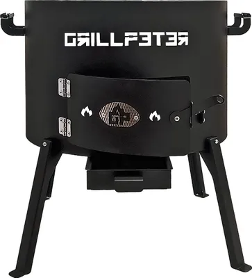 A black outdoor grill with legs and a small ash catcher.