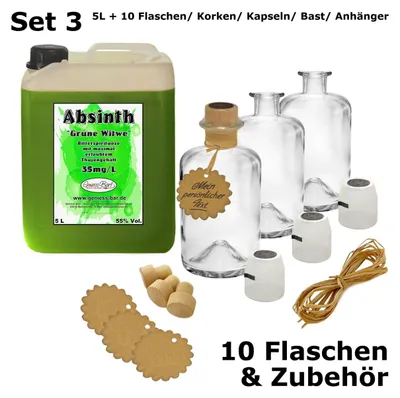 Produktbild von Absinth Die Grüne Witwe 5L + 10 Flaschen, Korken, Kapseln, Bast & Anhänger 55%Vol Mit max. Thujon 35mg