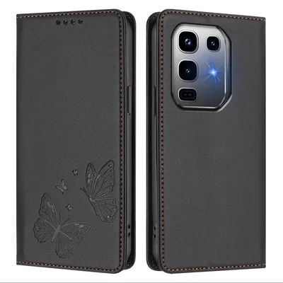 Produktbild von Lederhülle für Infinix Note 50 Pro+ 5G, Schmetterling Prägung Leder Brieftasche Schutzhülle mit Ständer Schwarz