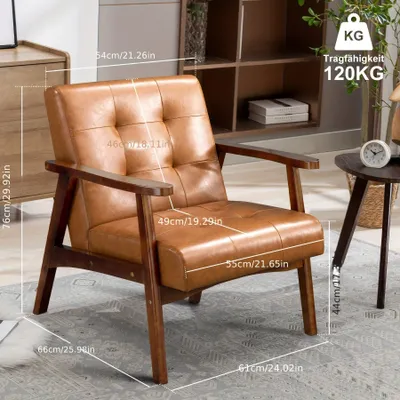 Zdjęcie produktu dla Fotel w stylu mid-century – fotel z podłokietnikami w kolorze rdzy, z drewnianą konstrukcję i drewnianymi podłokietnikami