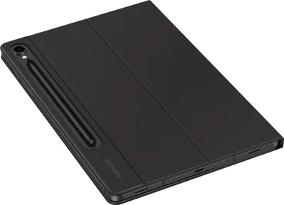 A black tablet case with a stylus holder is shown on a white background.