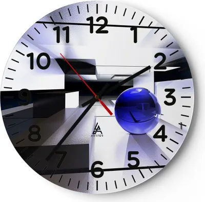 Produktbild von Wanduhr - Rund - Glasuhr - Grafik kugel geometrie - 30x30cm - Schleichendes Uhrwerk - Lautlos - zum Aufhängen bereit - Dekoration Modern - Wanddekoration aus Glas - C4AR30x30-2368