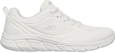 A white Skechers sneaker is shown from the side against a white background.