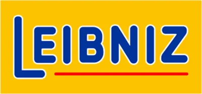 The image shows the brand logo and name 'LEIBNIZ' in blue letters on a yellow background, with a red line underneath.