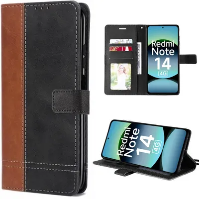 Image de Coque pour Xiaomi Redmi Note 14 4G, Protection Rabat Antichoc Anti-Rayures Synthécuir Marron/Noir