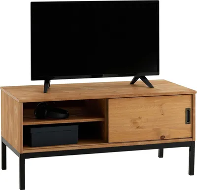 Image de IDIMEX Selma, Armoire basse, Armoire TV design industriel avec 1 porte coulissante, 1 compartiment ouvert, Pin massif, teinté et ciré