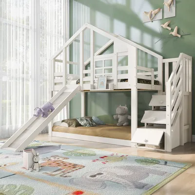 Produktbild von STILVORA Etagenbett 90x200 mit Rutsche&Baumhaus-design,Kinderbett mit Fenster,Stauraumtreppe&Rausfallschutz,Holzbett mit Lattenrost,Weiß(mit Matratze)